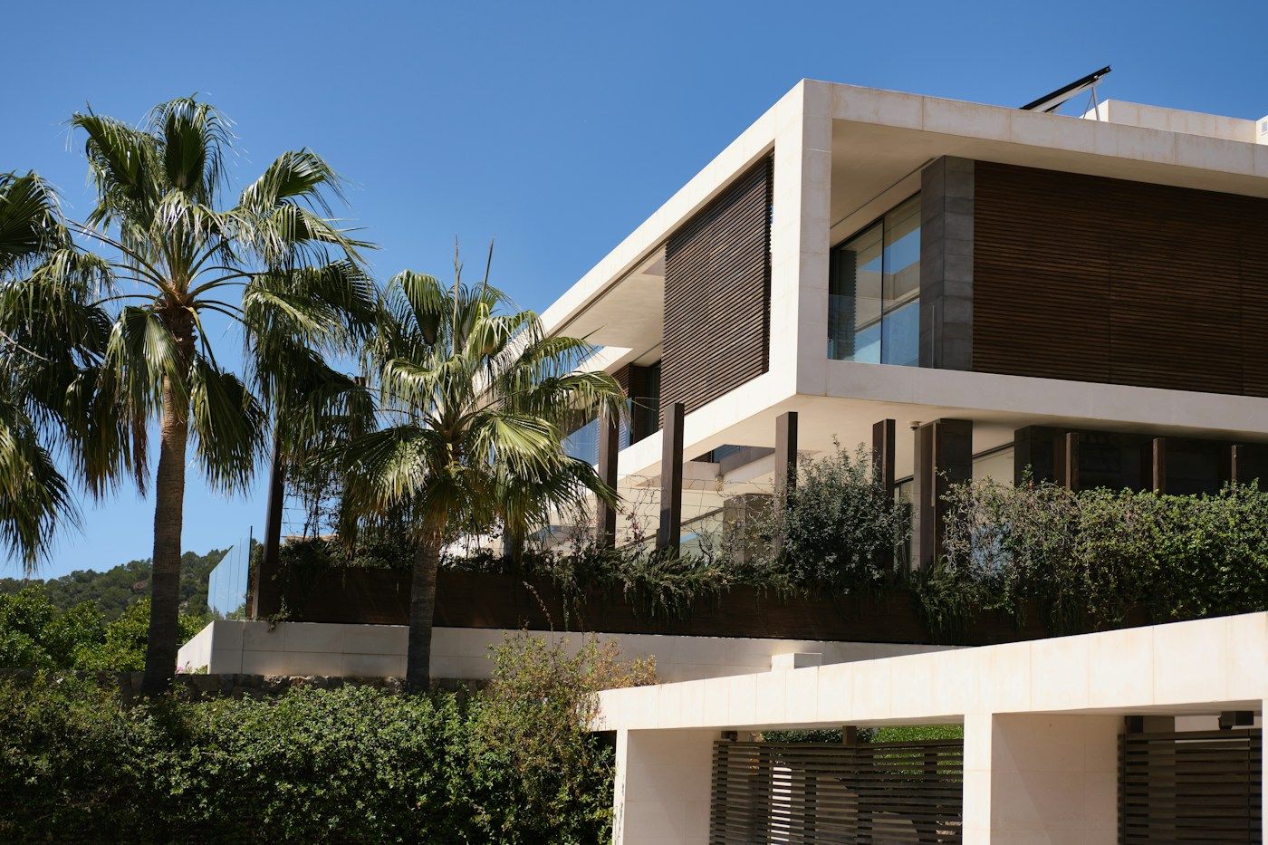 A modern white house with timber cladding and terraces among palm trees